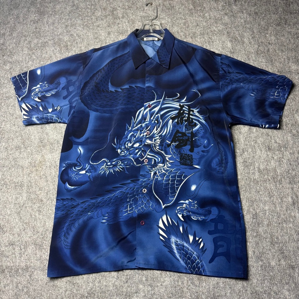 Vintage Dragon Button Up Shirt Blue Asian Y2K Satin Flame Korean XL
